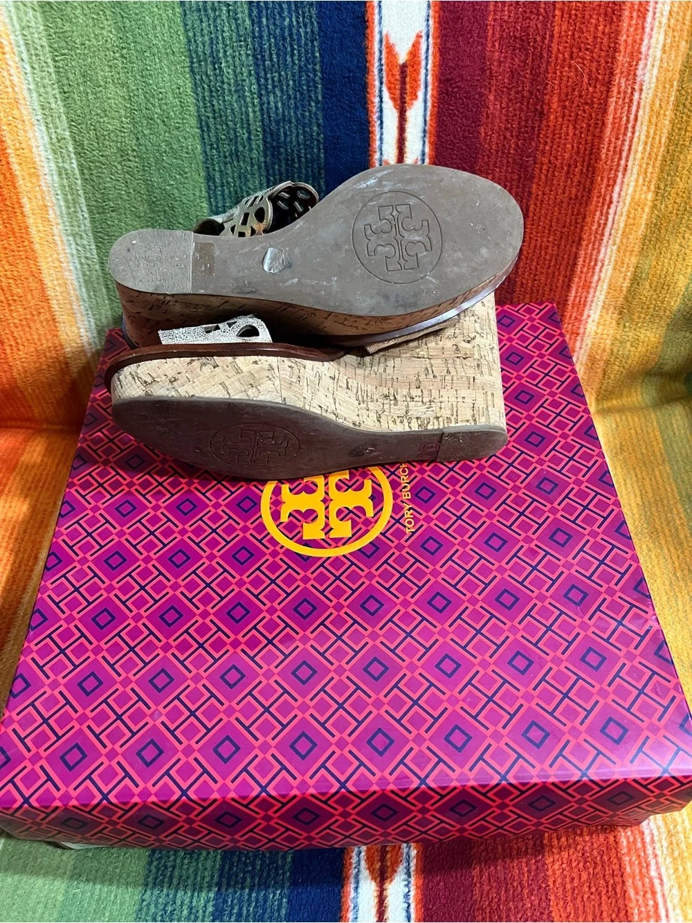 Tory Burch Platinum Laser-Cut Cork Wedge Sandals